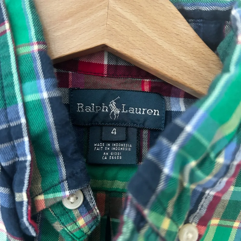 Ralph Lauren Kids Size 4 Green Blue Red Cotton Plaid Button Down Shirt